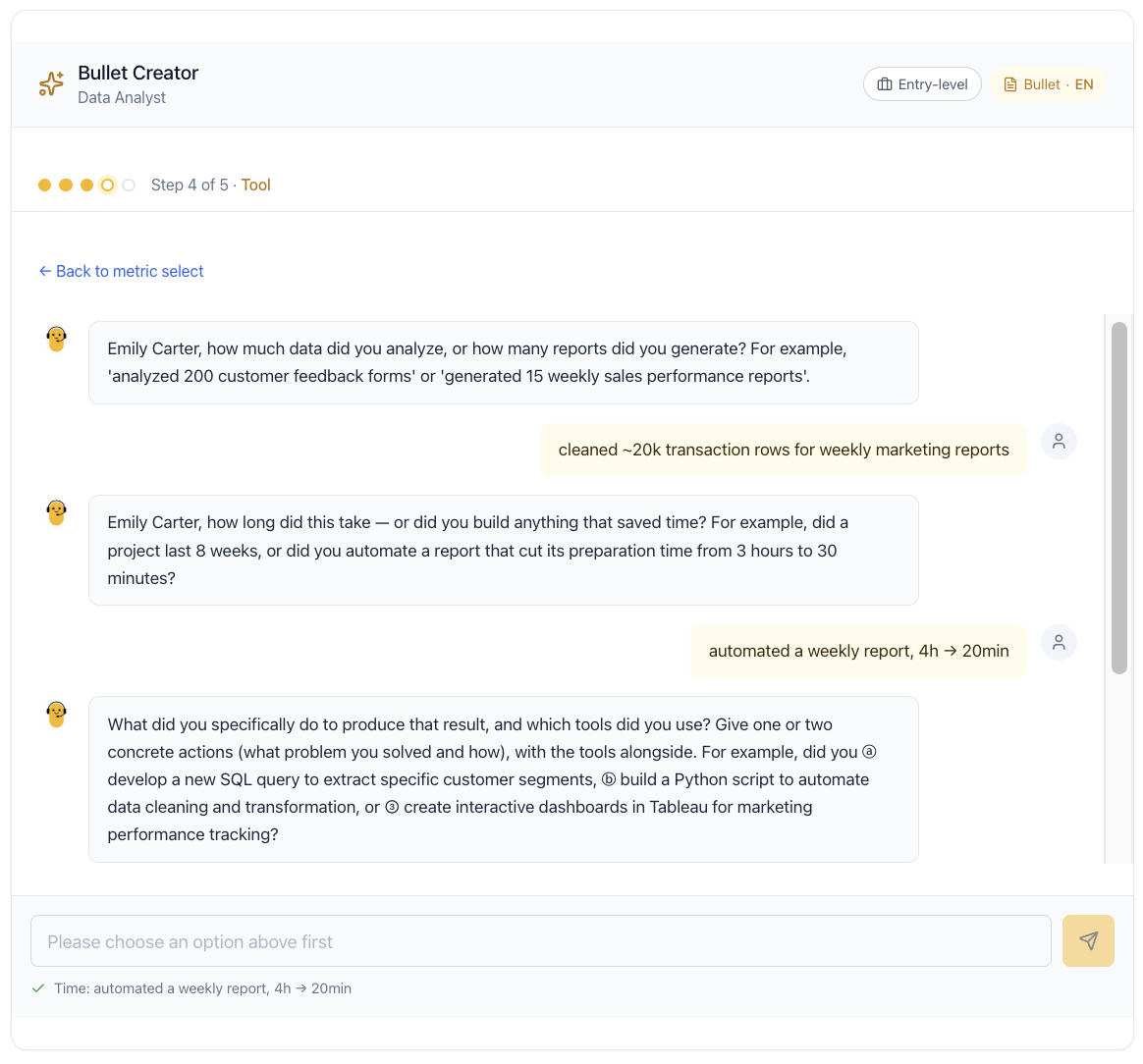 Bullet Creator — Step 2: AI interview extracts SKILL, TOOL, GOAL, IMPACT from a student's answers (new grad view)