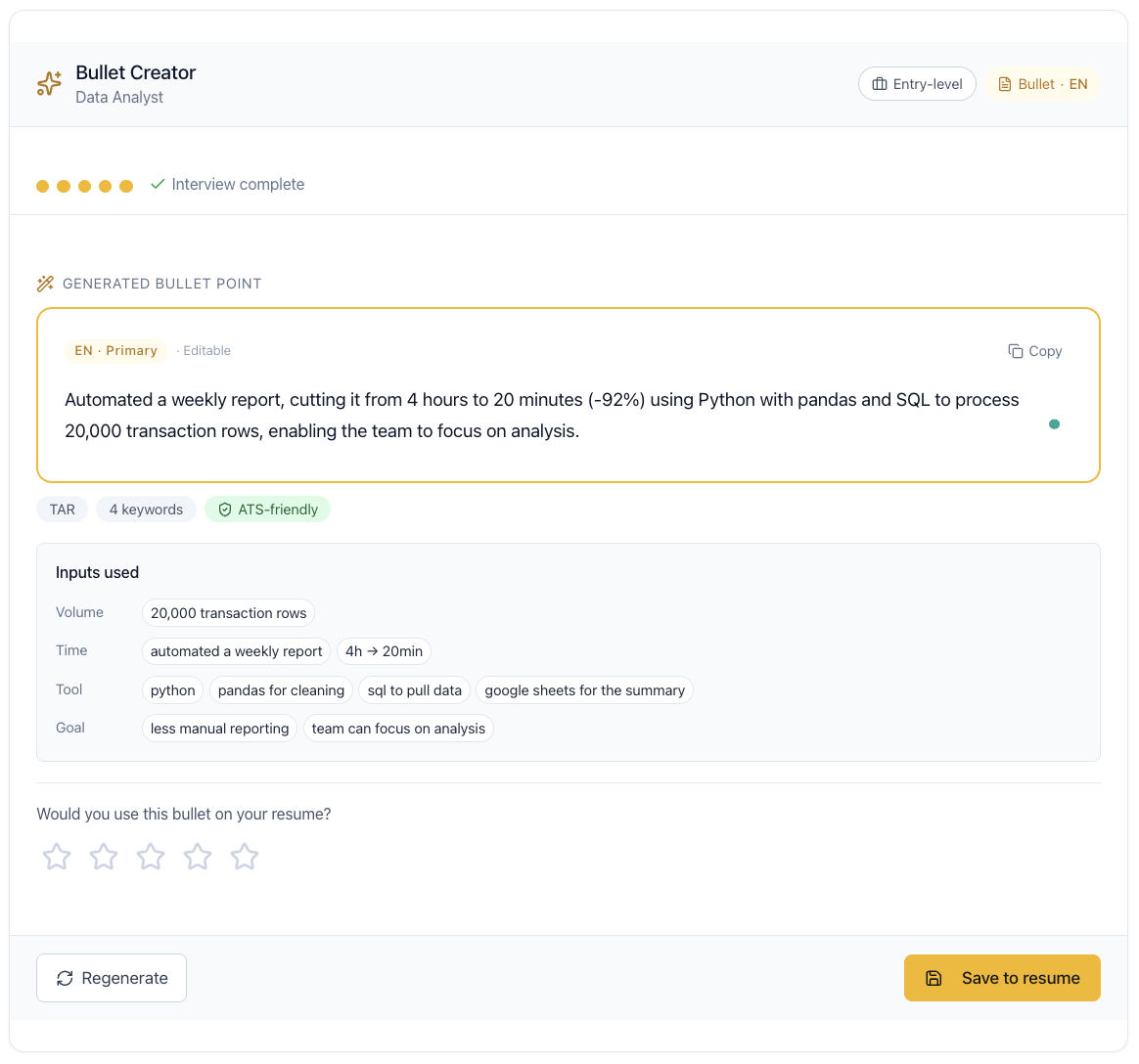 Bullet Creator — Step 3: Completed X-Y-Z impact bullet in US-native English (new grad view)