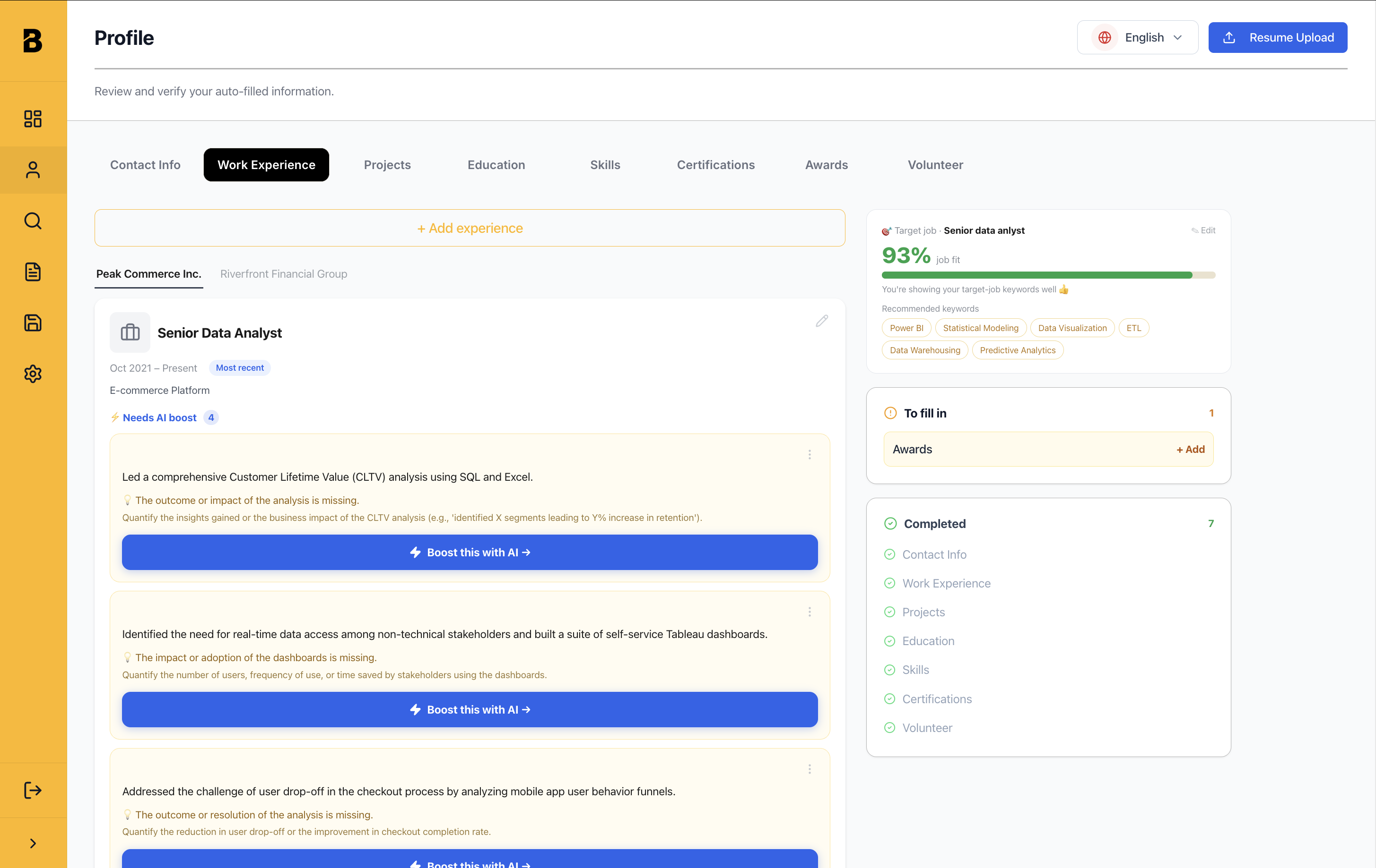 93% fit — Data Analyst; keywords Power BI, ETL, ML