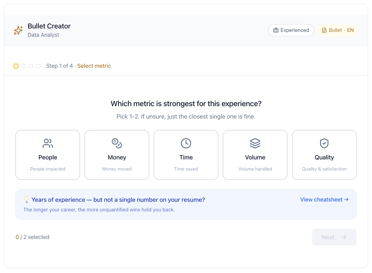Bullet Creator — select 1–2 of PMTVQ 5 axes (People · Money · Time · Volume · Quality)